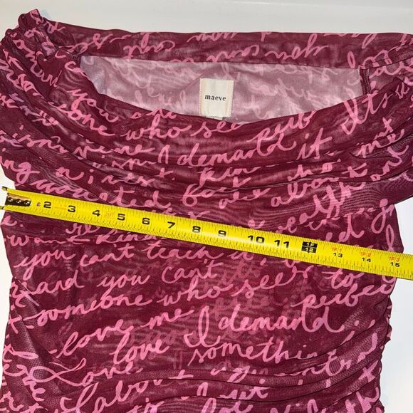 Maeve Off-The-Shoulder Ruched Mesh Script Top Burgundy Pink Large Anthropologie - Picture 10 of 11